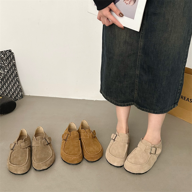 1704445612265_244480.jpg 2024 New Arrival Casual Loafers for Women - Round Toe Leather Buckle Deep Mouth Flat Shoes in Khaki Apricot Light Brown