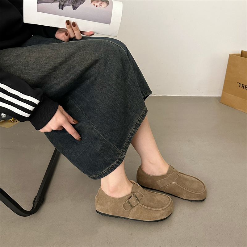 1704445621989_86032.jpg 2024 New Arrival Casual Loafers for Women - Round Toe Leather Buckle Deep Mouth Flat Shoes in Khaki Apricot Light Brown