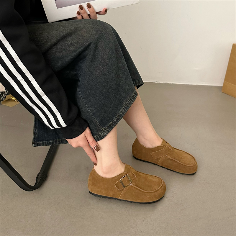 1704445623968_788825.jpg 2024 New Arrival Casual Loafers for Women - Round Toe Leather Buckle Deep Mouth Flat Shoes in Khaki Apricot Light Brown