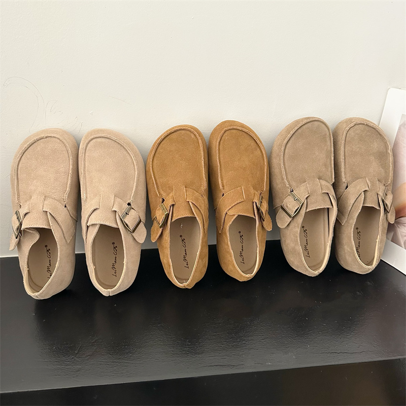 1704445634668_718300.jpg 2024 New Arrival Casual Loafers for Women - Round Toe Leather Buckle Deep Mouth Flat Shoes in Khaki Apricot Light Brown