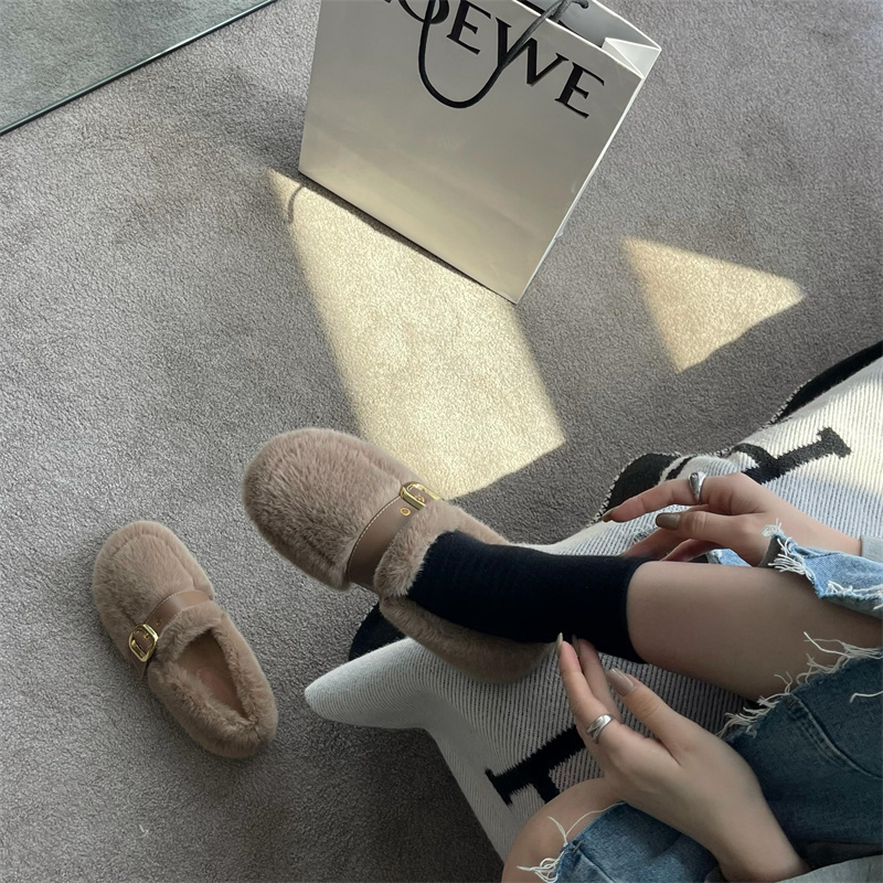 Flat Cute Furry Slippers for Women 2024 New Korean Style Ins Mink Fur Buckle Cotton Bean Shoes