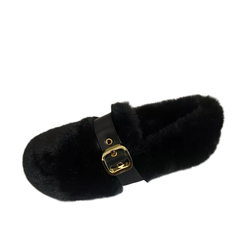 Flat Cute Furry Slippers for Women 2024 New Korean Style Ins Mink Fur Buckle Cotton Bean Shoes