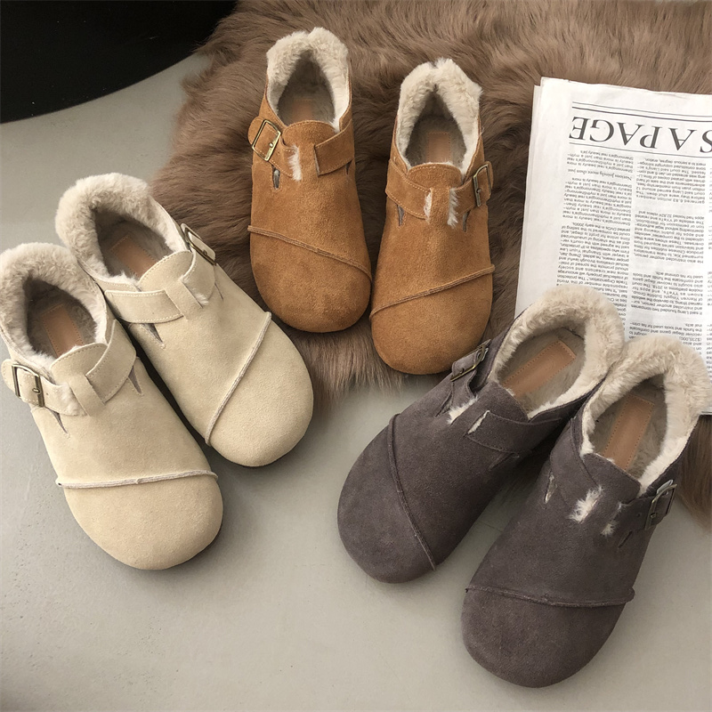 Genuine Leather Birkenstock Women's Winter Lined Retro Loafers Flat Shoes 2024 New