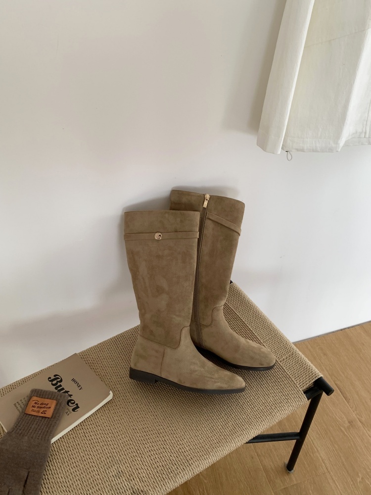 1757047136962_mdME7Y.jpg Korean Style Fashion Boots Autumn Winter New Solid Color Soft Sole Camellia Gold Buckle Chunky Heel Long Riding Boots