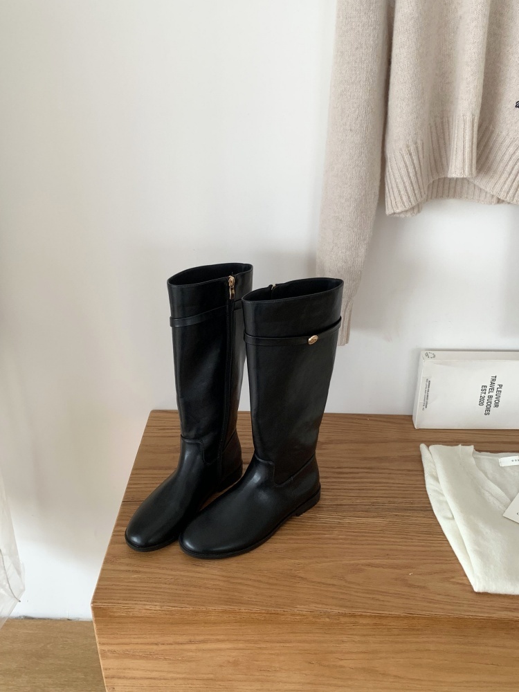 1757047151628_PgLK6e.jpg Korean Style Fashion Boots Autumn Winter New Solid Color Soft Sole Camellia Gold Buckle Chunky Heel Long Riding Boots