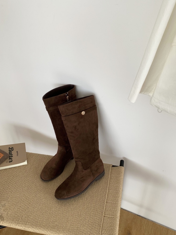 1757047165003_vkOk4h.jpg Korean Style Fashion Boots Autumn Winter New Solid Color Soft Sole Camellia Gold Buckle Chunky Heel Long Riding Boots