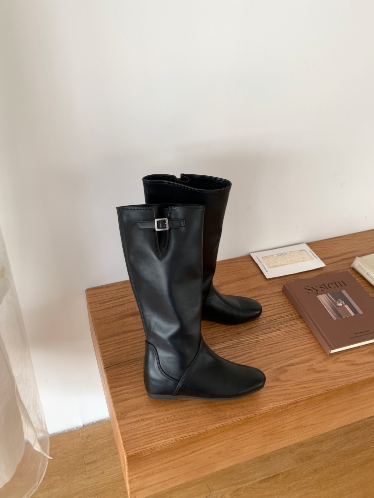 French Pleated Stacked Fashion Boots for Women Winter Slim High Top Soft Leather Riding Boots Martin Boots