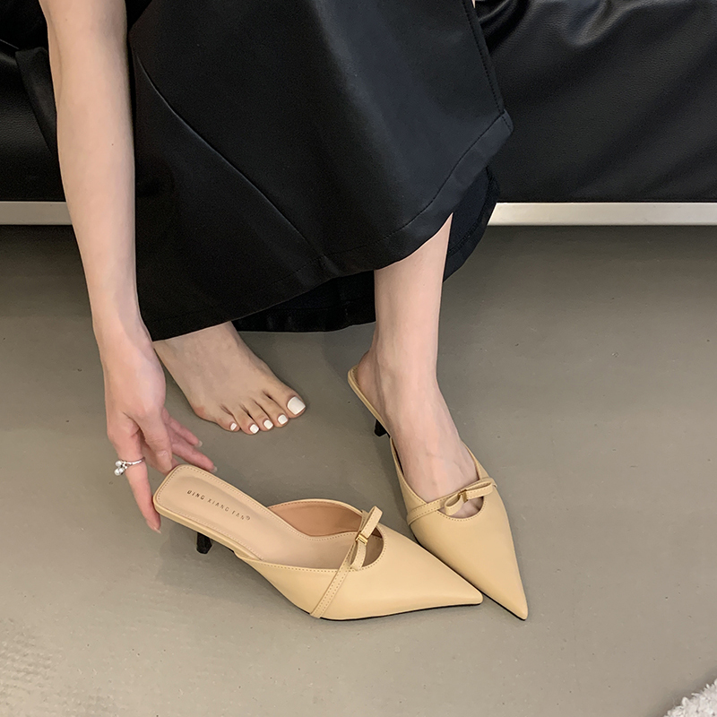 1768376424841_1w9ErQ.jpg Women's Elegant Pointed Toe Low Heel Open Back Sandals - Solid Color Bow Decor Slip On Dress Shoes