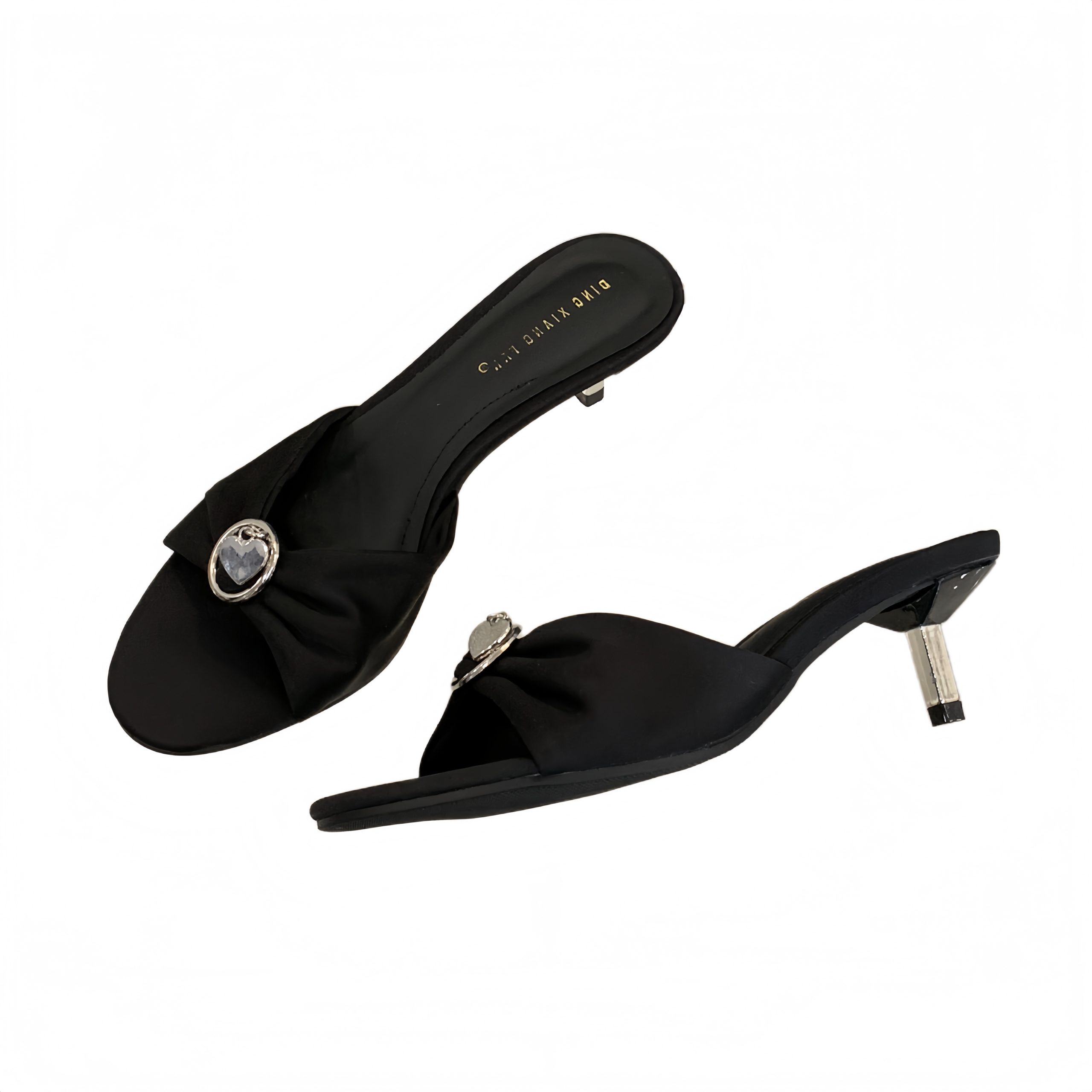 2026 Summer Fashion Women's Open Toe Round Toe Silk Sandals French Elegant Metal Buckle Kitten Heel Slippers