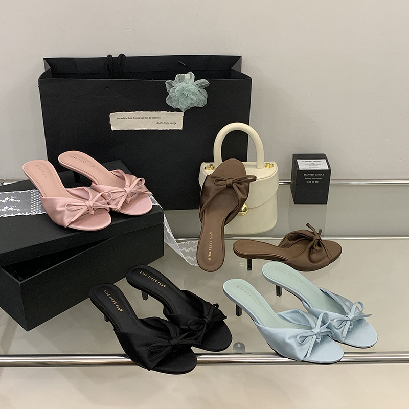 1771849994952_4ssiRH.jpg 2026 Summer Cute Open Toe Women's Shoes Korean Style Comfort Silk Sandals Sweet Bow Kitten Heel Slippers