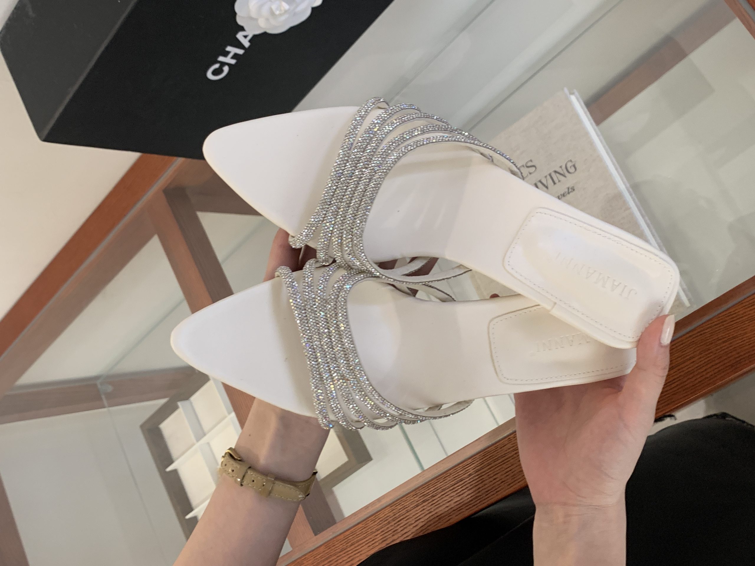2026 Summer French Rhinestone Pointed Toe Wedge Heel Slippers for Women - Beige White Black
