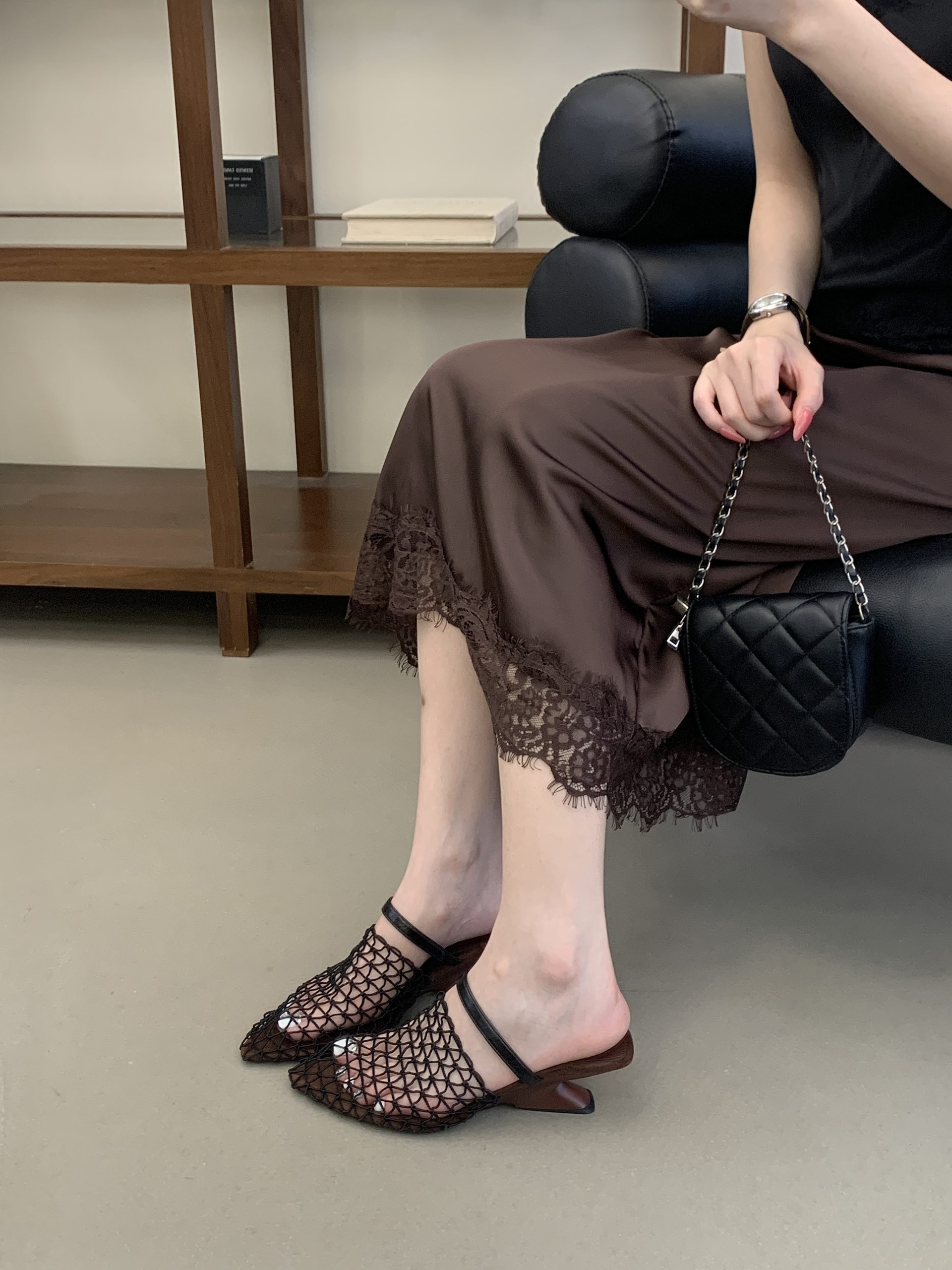 French Fishnet Toe Strap Half Slippers for Women 2026 Summer Mid Heel Woven Hollow Out Casual Sandals