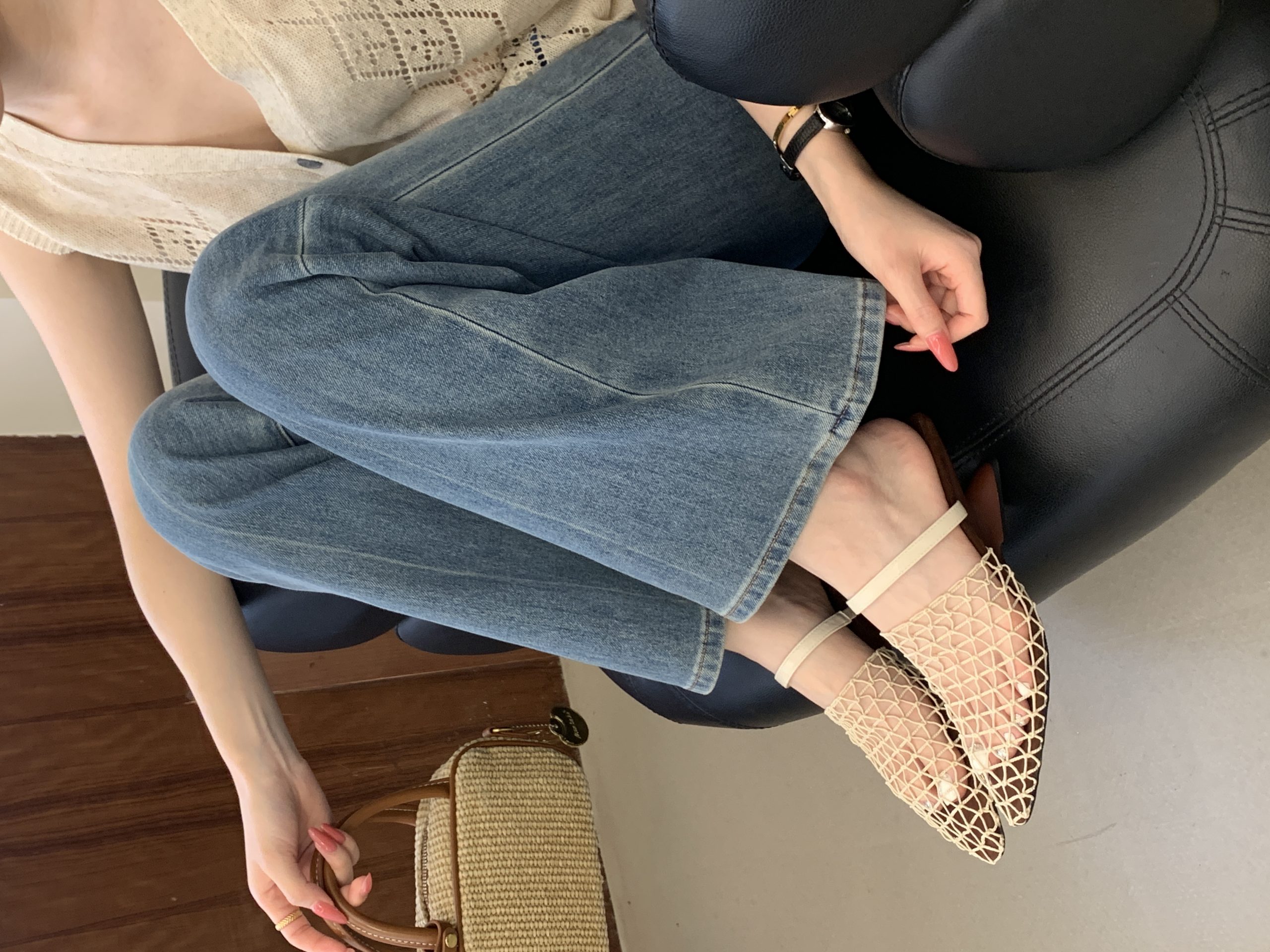 French Fishnet Toe Strap Half Slippers for Women 2026 Summer Mid Heel Woven Hollow Out Casual Sandals