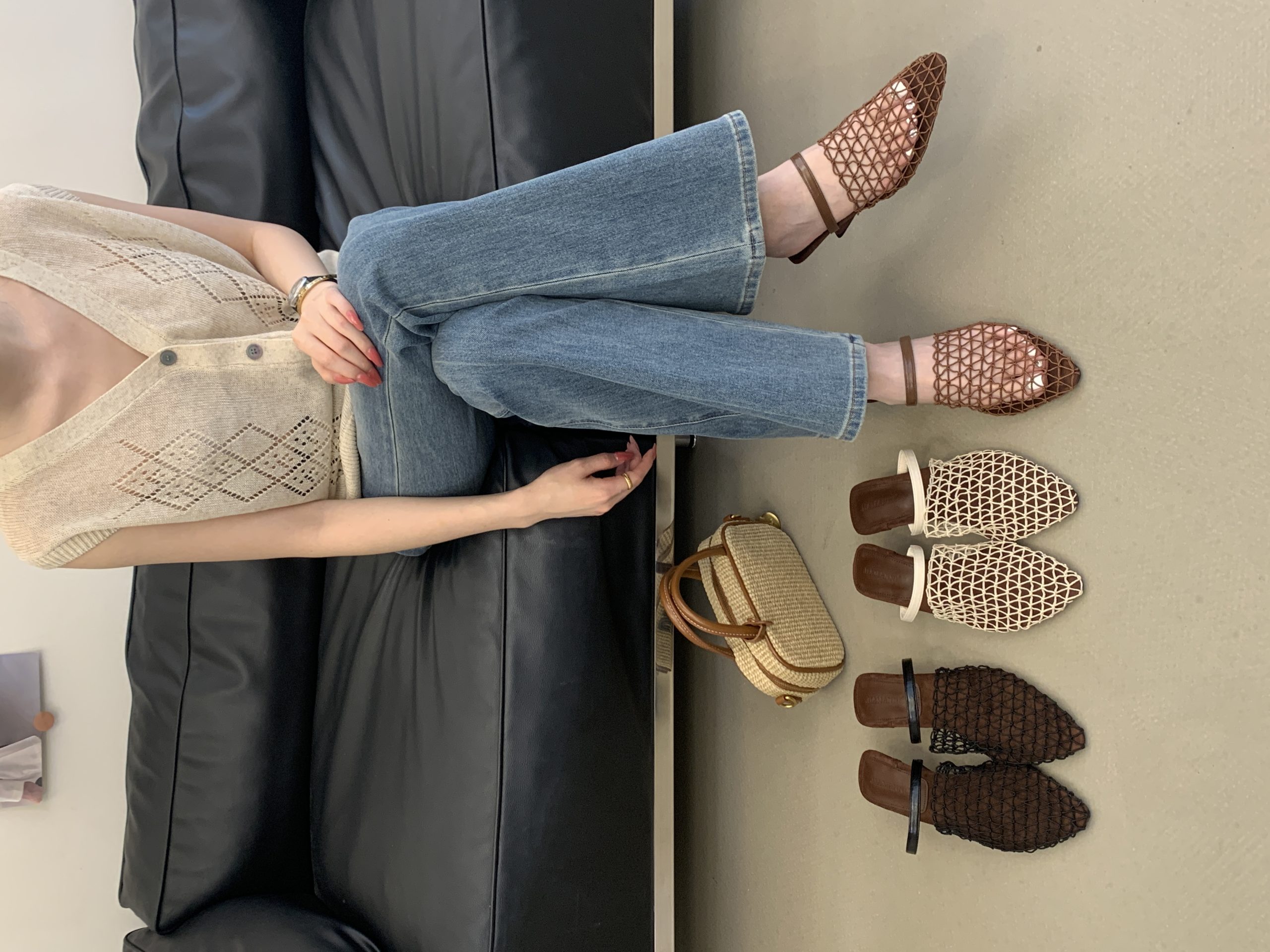French Fishnet Toe Strap Half Slippers for Women 2026 Summer Mid Heel Woven Hollow Out Casual Sandals