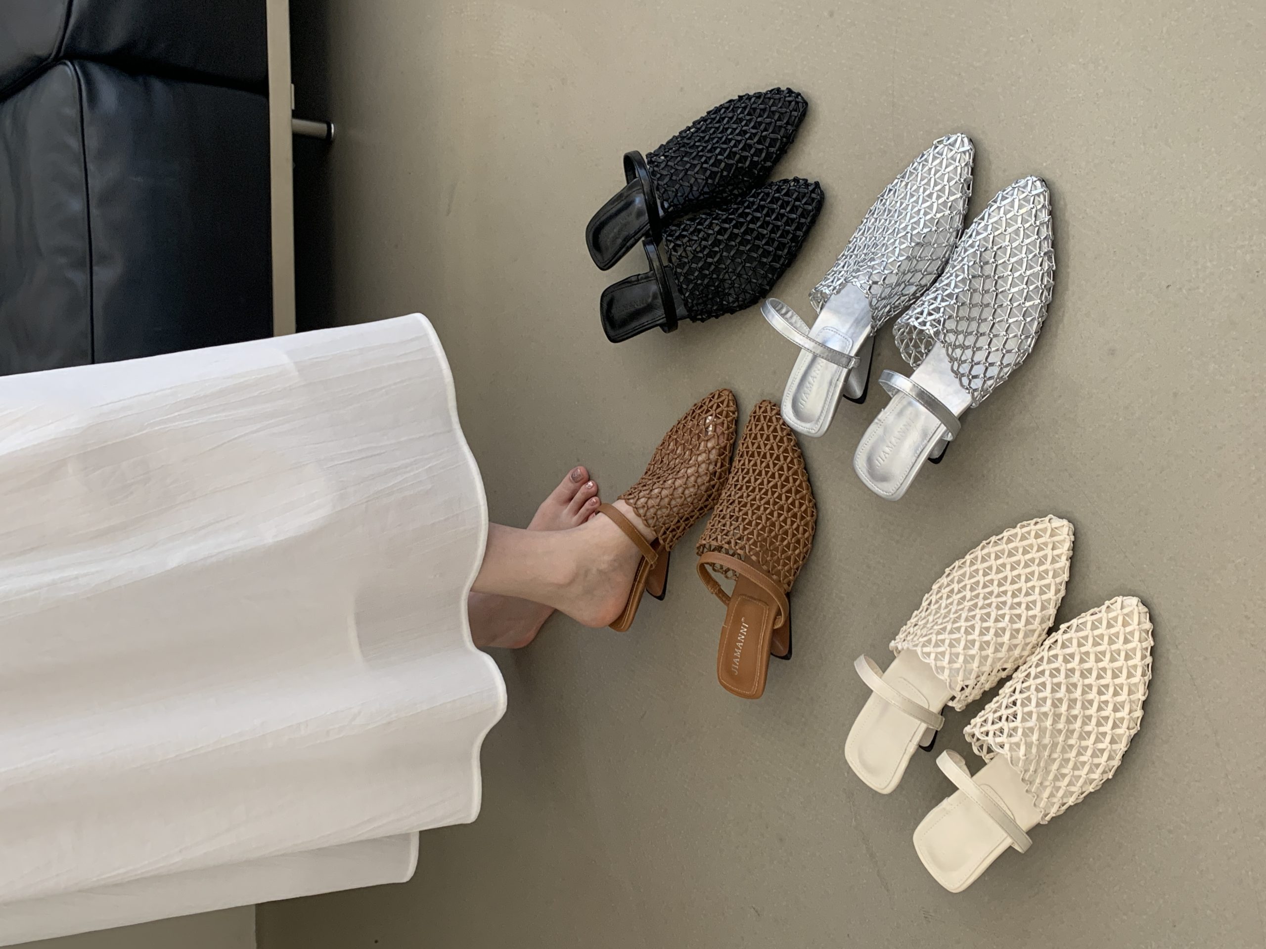 French Fishnet Toe Strap Half Slippers for Women 2026 Summer Mid Heel Woven Hollow Out Slide Sandals