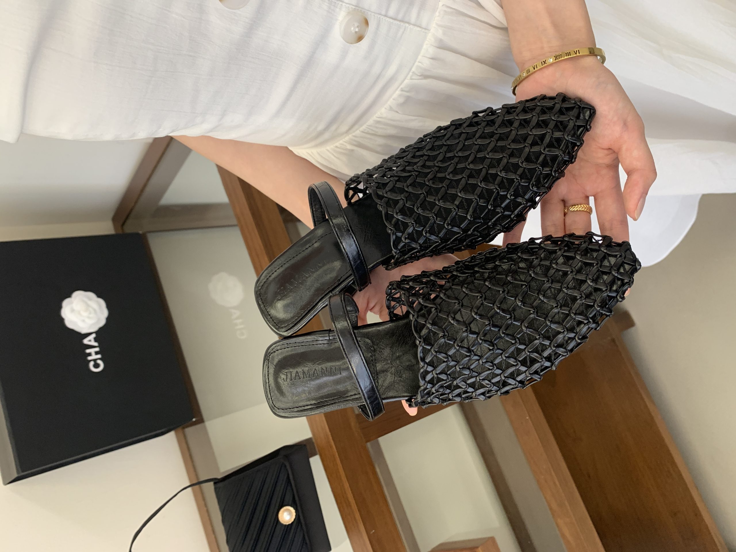 French Fishnet Toe Strap Half Slippers for Women 2026 Summer Mid Heel Woven Hollow Out Slide Sandals