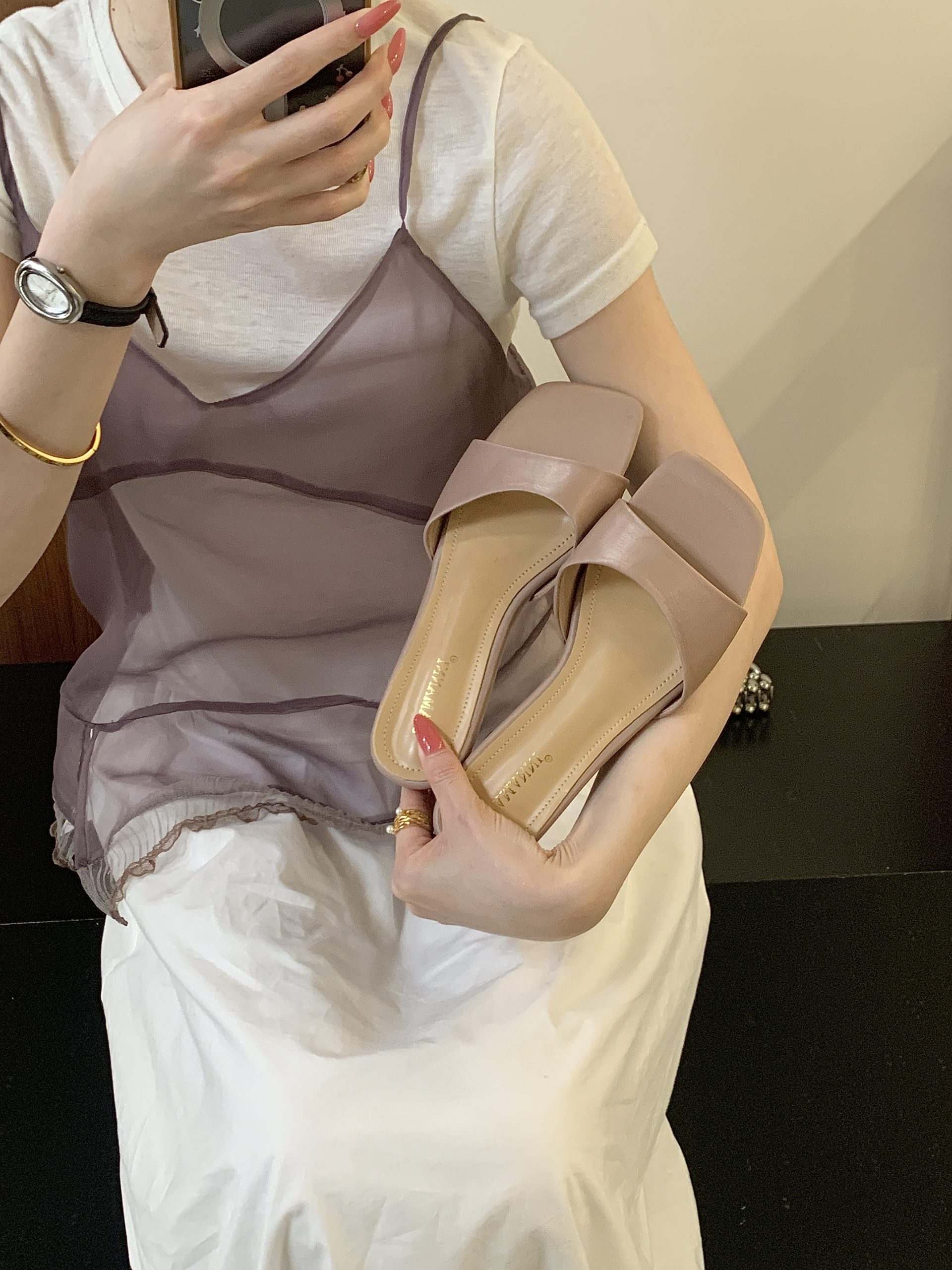 Korean Style One-Strap Slippers for Women Summer 2026 New Wedge Beach Sandals Versatile French Style Casual Slippers