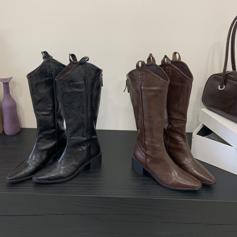 1781592153210_Af4fFc.jpg Vintage Pointed Toe V-Cut High Shaft Western Boots for Women, Low Heel, Over Knee, Riding Boots