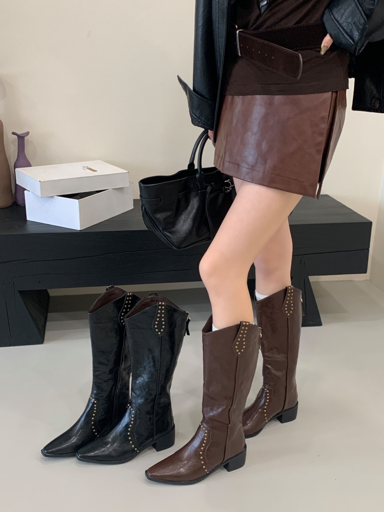 1781592802251_ArQuan.jpg FENGDA Women's V-Cut Studded Pointed Toe Western Cowboy Boots High Heel Tall Riding Boots