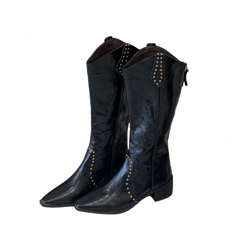 FENGDA Women's V-Cut Studded Pointed Toe Western Cowboy Boots High Heel Tall Riding Boots