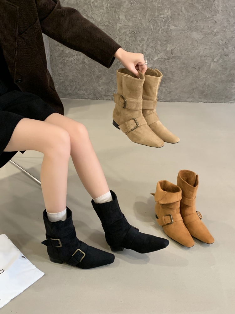 1781686236867_qb6XB3.jpg Korean Style Retro French Short Boots Women Square Toe Western Boots Suede Mid Calf Boots