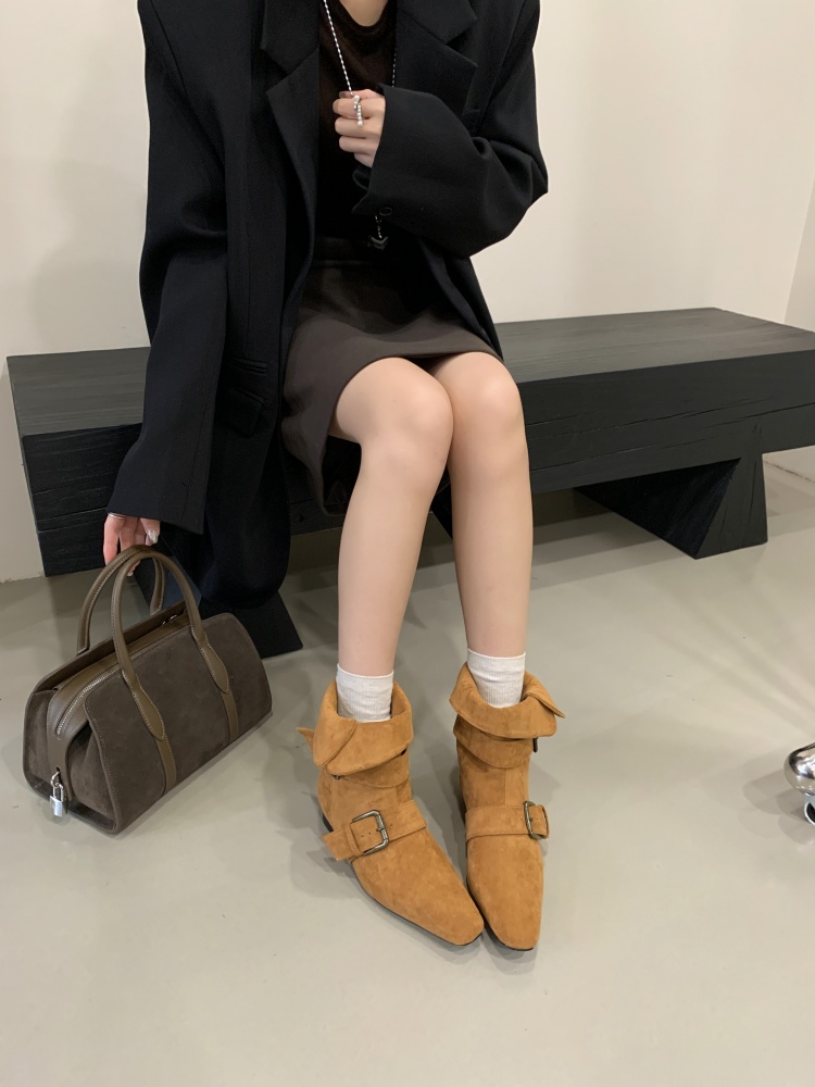 1781686282010_z5w3rp.jpg Korean Style Retro French Short Boots Women Square Toe Western Boots Suede Mid Calf Boots
