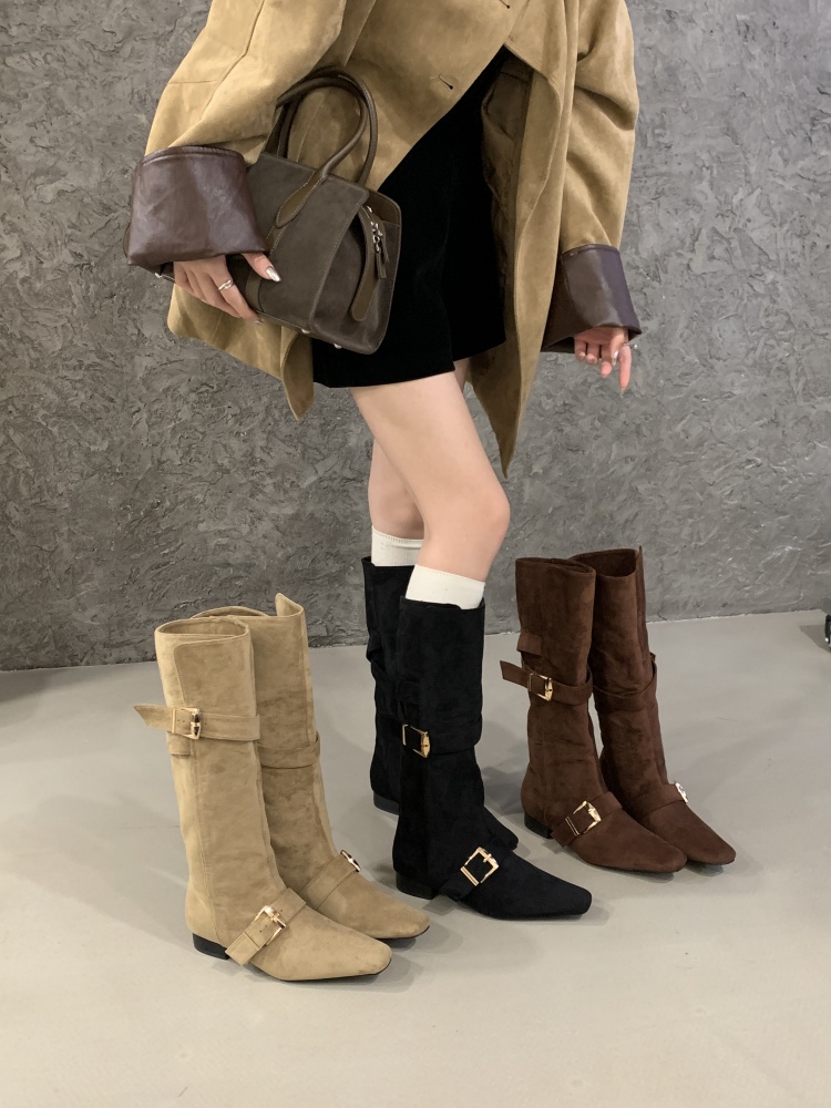 Vintage Square Toe Belt Buckle Fold Over Long Boots Women Autumn Winter New Style Chunky Heel Slim Leg Tall Western Cowboy Boots
