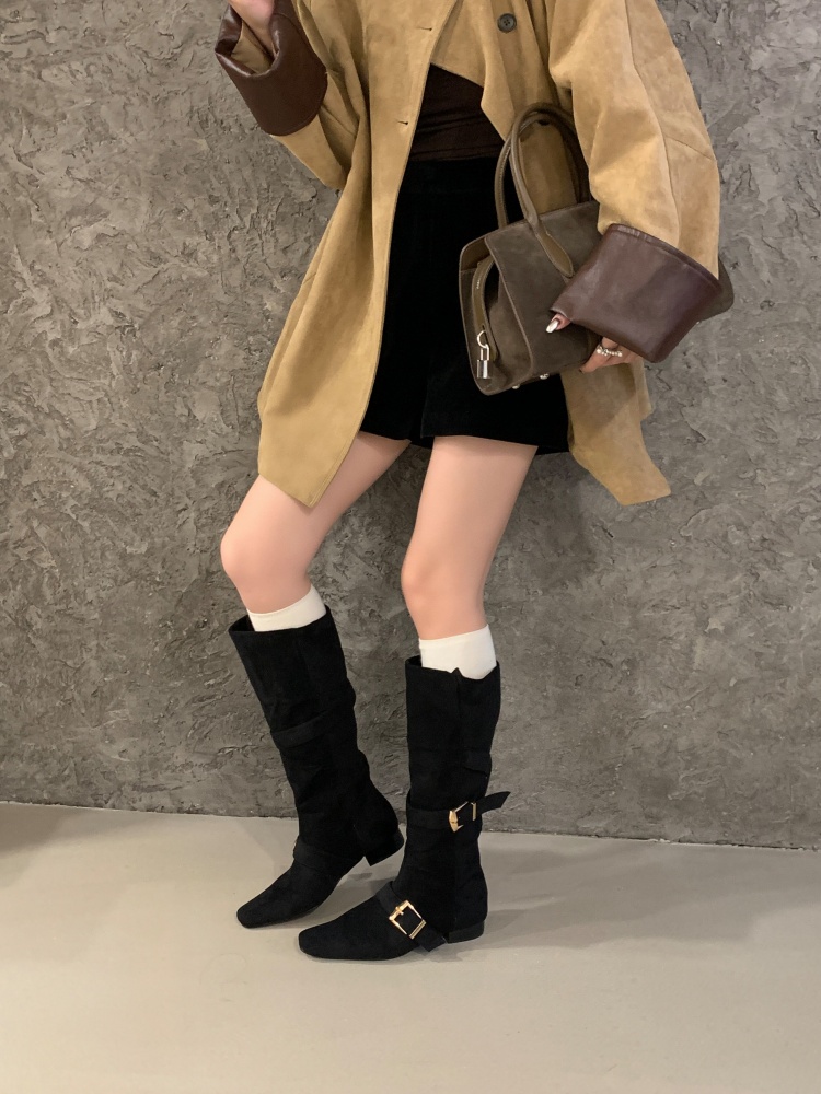 1781687052503_4VyKVL.jpg Vintage Square Toe Belt Buckle Fold Over Long Boots Women Autumn Winter New Style Chunky Heel Slim Leg Tall Western Cowboy Boots