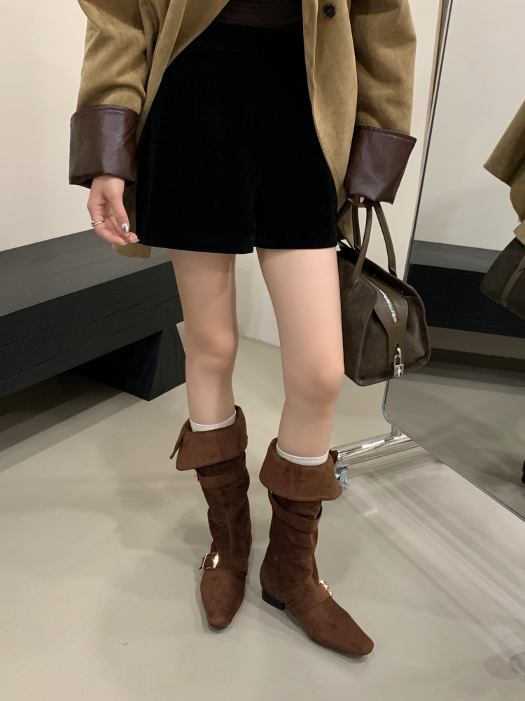 1781687059544_z8H7Zv.jpg Vintage Square Toe Belt Buckle Fold Over Long Boots Women Autumn Winter New Style Chunky Heel Slim Leg Tall Western Cowboy Boots