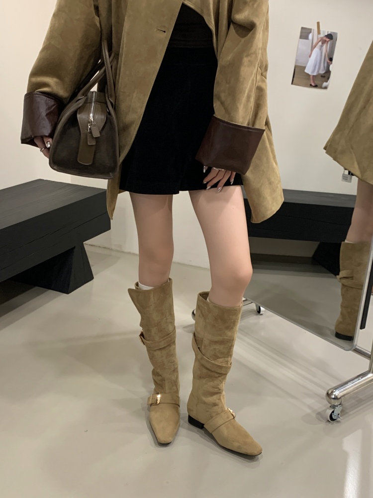 1781687063397_tvgWc8.jpg Vintage Square Toe Belt Buckle Fold Over Long Boots Women Autumn Winter New Style Chunky Heel Slim Leg Tall Western Cowboy Boots